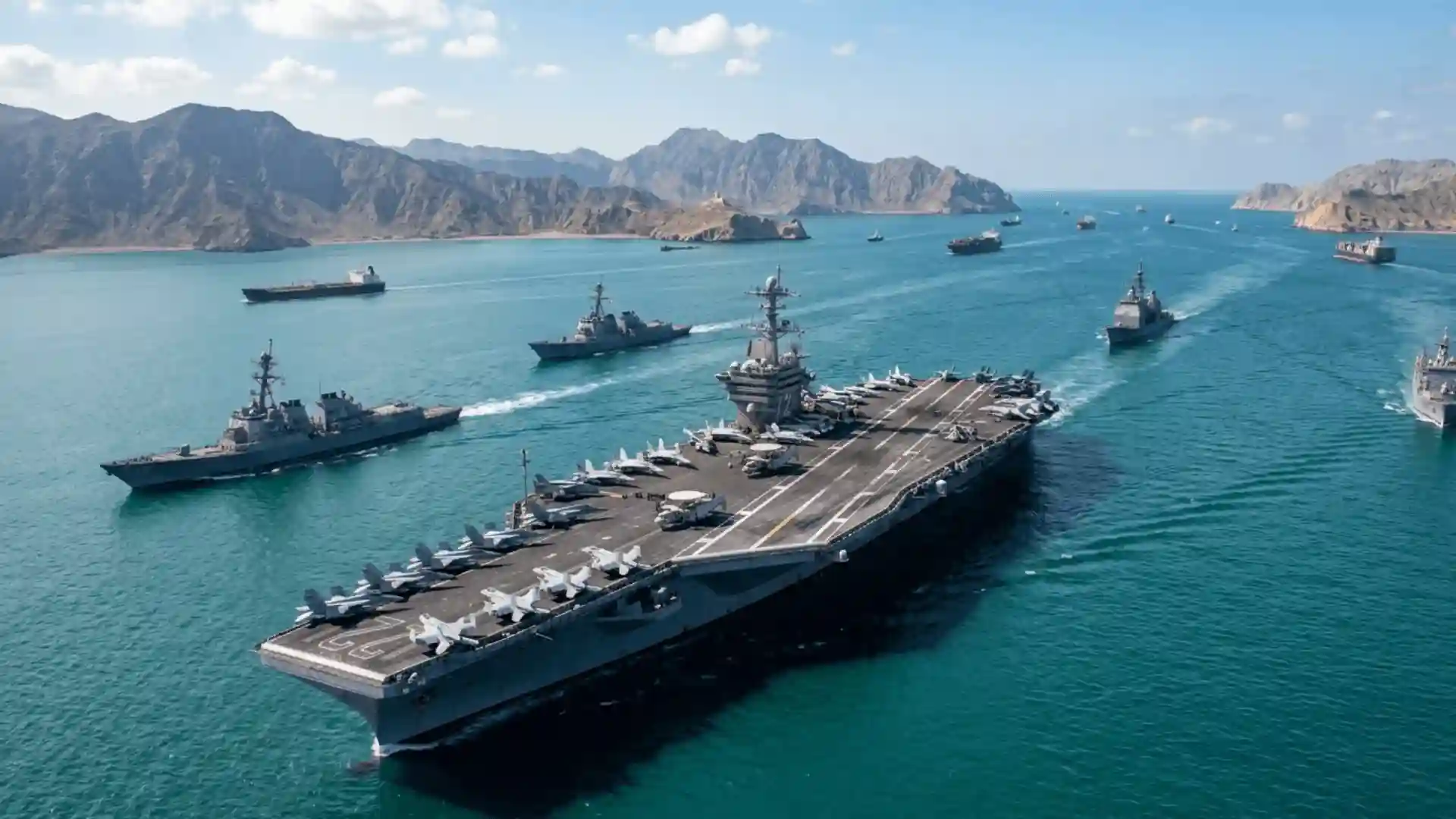 A high-resolution shot of a US Naval carrier near the Strait of Hormuz