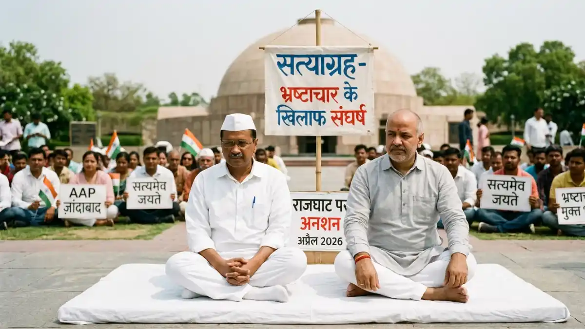 अरविंद केजरीवाल और मनीष सिसोदिया राजघाट पर सत्याग्रह करते हुए, अप्रैल 2026।