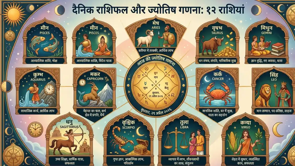 12 राशियों का राशिफल आज का चार्ट और ज्योतिष गणना।