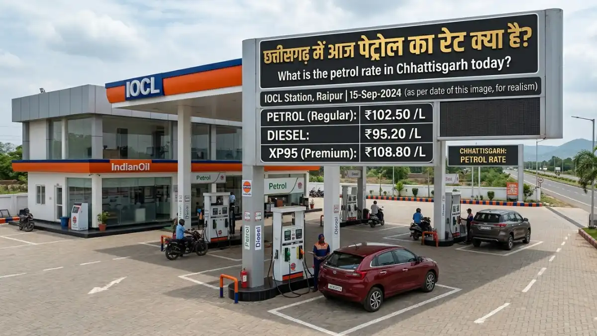 A modern fuel station in India displaying oil prices and explaining छत्तीसगढ़ में आज पेट्रोल का रेट क्या है.