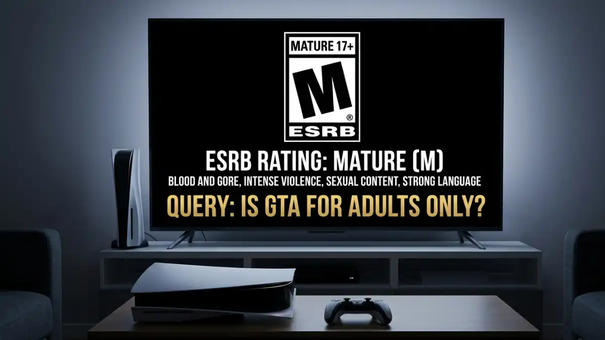 An official ESRB Mature rating icon displayed on a gaming screen console, addressing the query Is GTA for adults only.