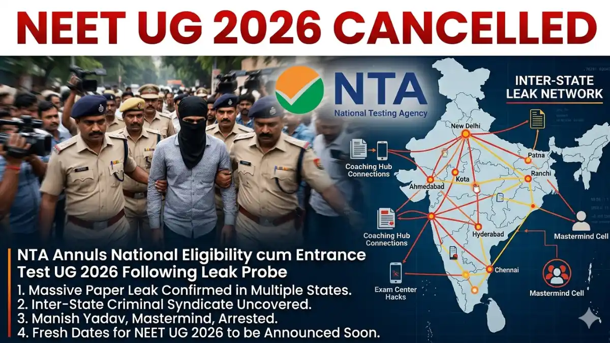 NEET UG 2026 Cancelled: हाहाकार! नीट परीक्षा रद्द; पेपर लीक में मनीष यादव गैंग का हाथ, अब तक 45 गिरफ्तार