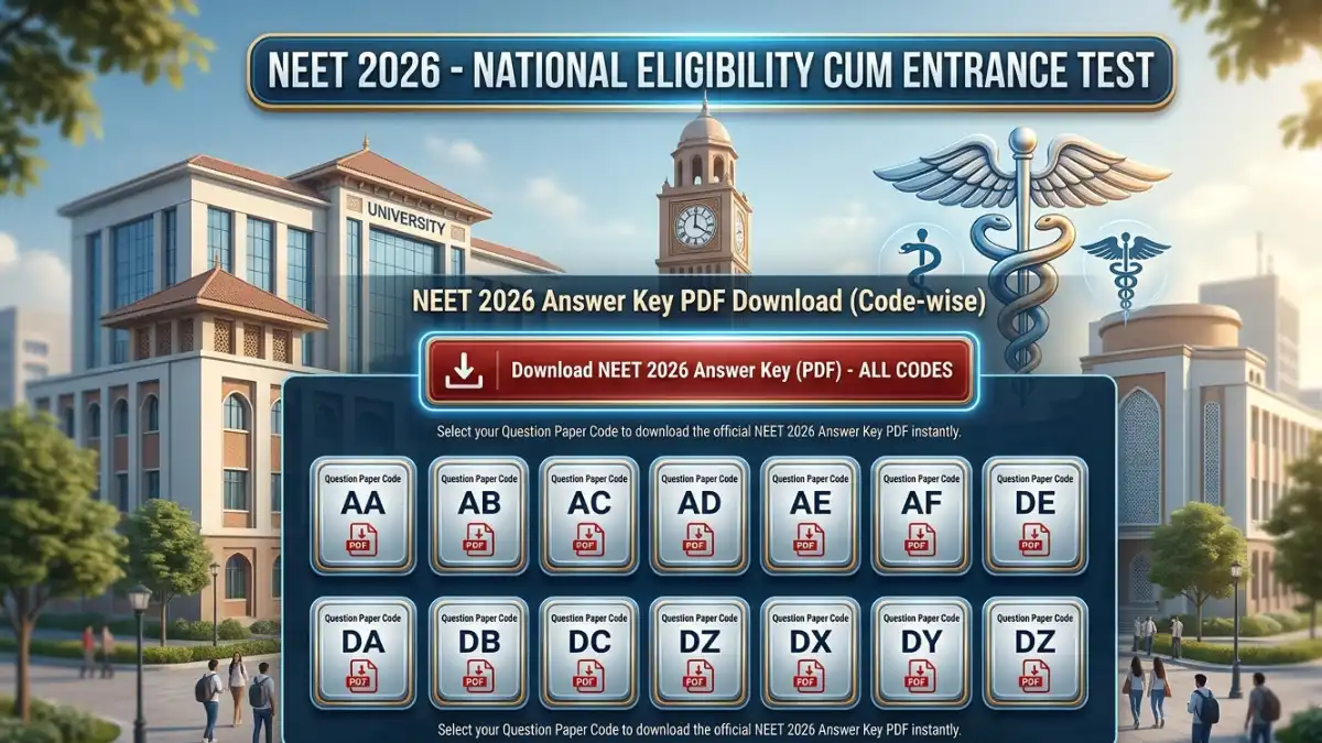 NEET 2026 Answer Key PDF code-wise download button on official background.