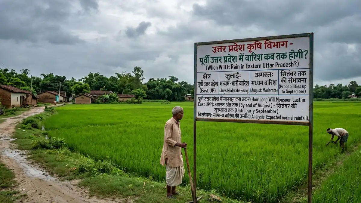 An green agricultural paddy field in Eastern Uttar Pradesh under cloudy skies, illustrating a detailed analysis of पूर्वी उत्तर प्रदेश में बारिश कब तक होगी.
