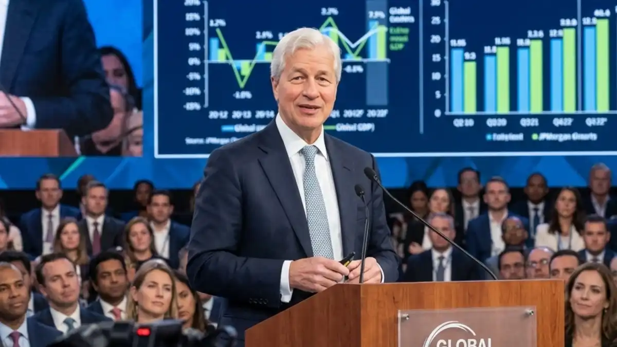 Jamie Dimon at a financial summit discussing global economy and JPMorgan performance.
