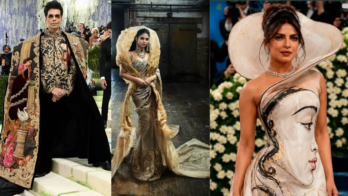 Celebrities posing on the Met Gala 2026 red carpet following the "Fashion is Art" dress code.