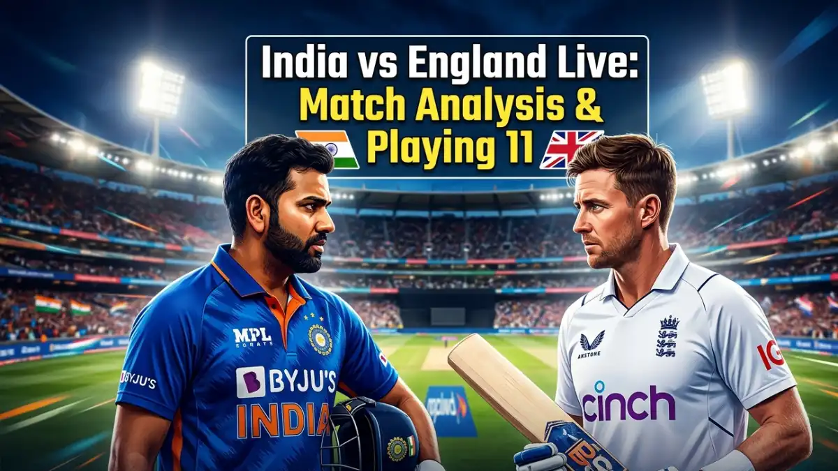 India vs England live cricket match stadium with players on the field and scoreboard updating.