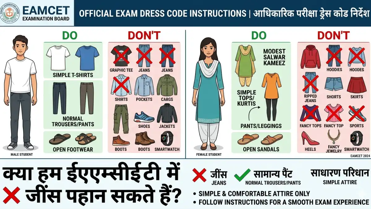 A guide showing the official exam dress code instructions for students, answering क्या हम ईएएमसीईटी में जींस पहन सकते हैं