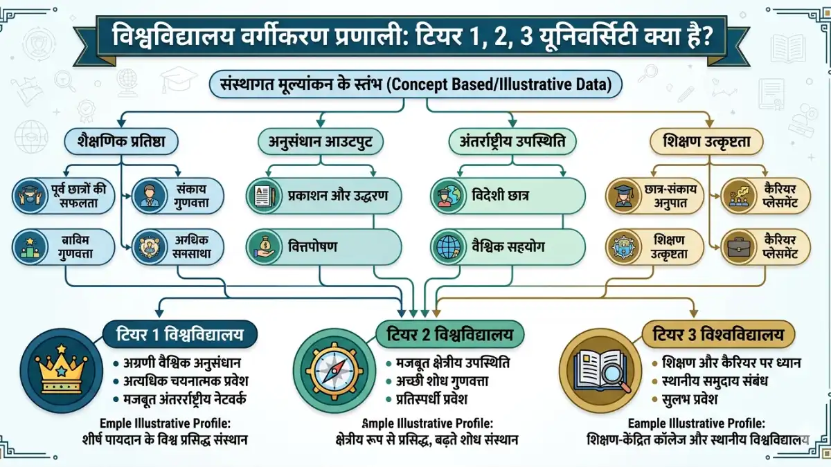 टियर 1, 2, 3 यूनिवर्सिटी क्या है: जानिए कॉलेजों के वर्गीकरण के 5 मुख्य पैमाने और टियर 1, 2, 3 यूनिवर्सिटी क्या है का पूरा सच An educational classification diagram showing the hierarchical structure of institutions explaining टियर 1, 2, 3 यूनिवर्सिटी क्या है.