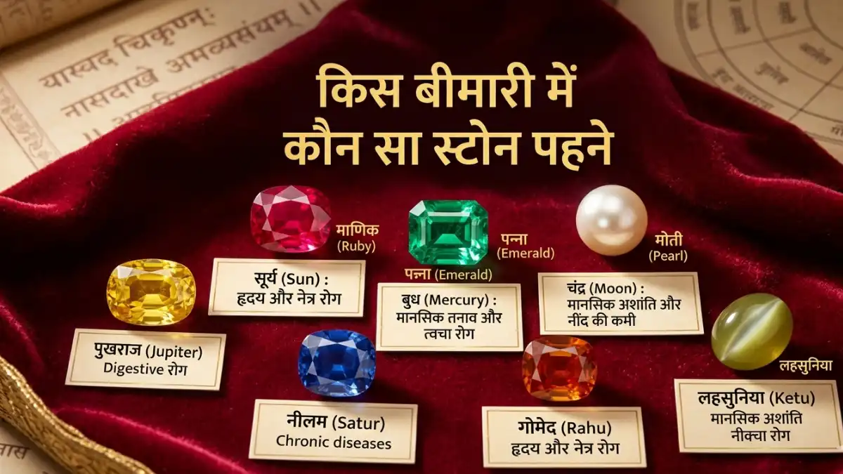 किस बीमारी में कौन सा स्टोन पहने: जानिए रत्न विज्ञान के 7 महत्वपूर्ण नियम और किस बीमारी में कौन सा स्टोन पहने की पूरी गाइड A collection of colorful Vedic gemstones like Ruby, Emerald, and Pearl on a velvet cloth, explaining किस बीमारी में कौन सा स्टोन पहने.