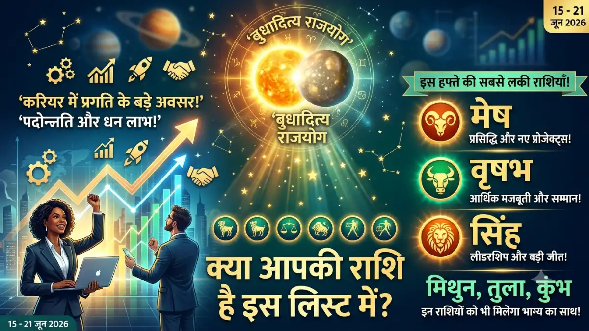 साप्ताहिक लकी राशिफल (15 से 21 जून 2026): 'बुधादित्य राजयोग' का कमाल, करियर में प्रगति के योग! क्या आपकी राशि है इस लिस्ट में? साप्ताहिक लकी राशिफल (15 से 21 जून 2026): 'बुधादित्य राजयोग' का कमाल, करियर में प्रगति के योग! क्या आपकी राशि है इस लिस्ट में?