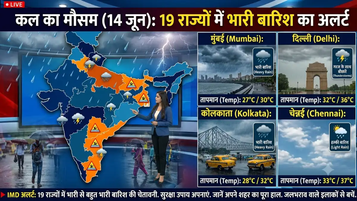कल का मौसम (14 जून): 19 राज्यों में भारी बारिश का अलर्ट, जानें आपके शहर का हाल!