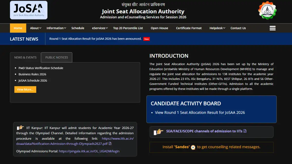 JoSAA 2026 Round 1: सीट अलॉटमेंट, ओपनिंग-क्लोजिंग रैंक और काउंसलिंग का पूरा अपडेट! JoSAA 2026 Round 1: सीट अलॉटमेंट, ओपनिंग-क्लोजिंग रैंक और काउंसलिंग का पूरा अपडेट! Credit photo: josaa