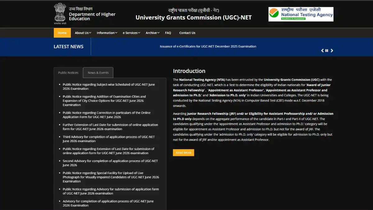 Public Notice regarding Subject-wise Scheduled of UGC-NET June 2026 Examination on official NTA portal Credit photo: ugcnet.nta.nic
