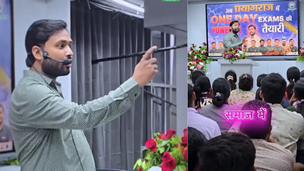 Khan Sir teaching students in a massive classroom with a digital board in Patna. Credit photo: khanglobalstudies_official