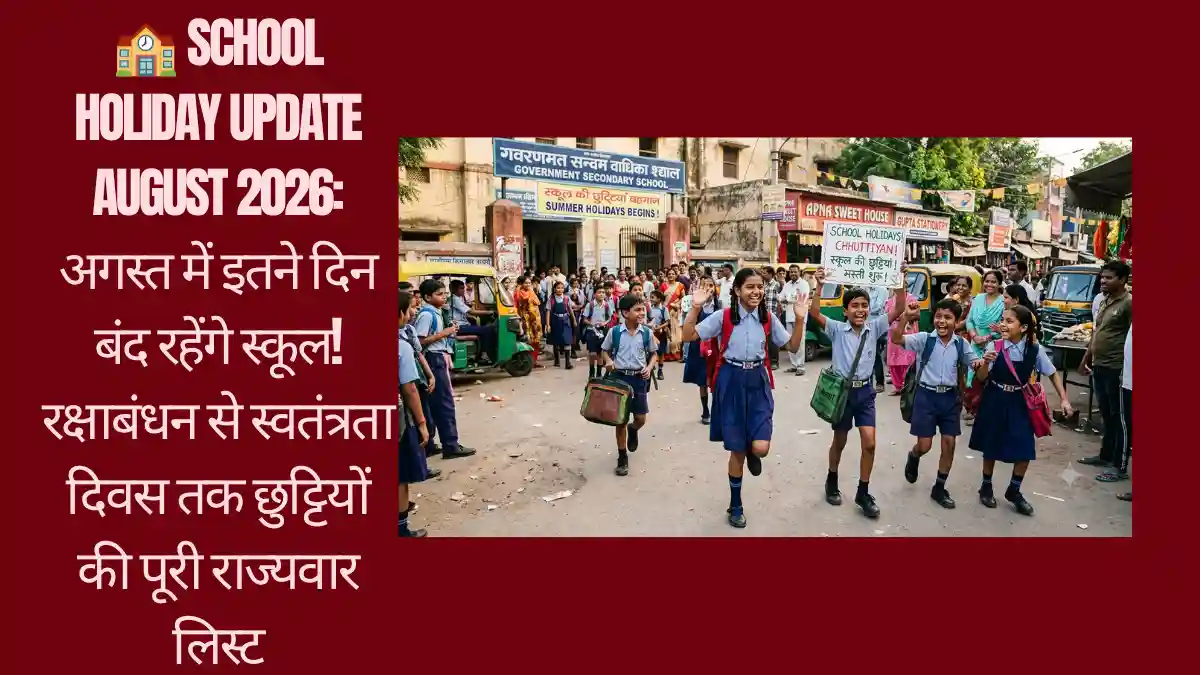 🏫 School Holiday Update August 2026: अगस्त में इतने दिन बंद रहेंगे स्कूल! रक्षाबंधन से स्वतंत्रता दिवस तक छुट्टियों की पूरी राज्यवार लिस्ट 🏫 School Holiday Update August 2026: अगस्त में इतने दिन बंद रहेंगे स्कूल! रक्षाबंधन से स्वतंत्रता दिवस तक छुट्टियों की पूरी राज्यवार लिस्ट