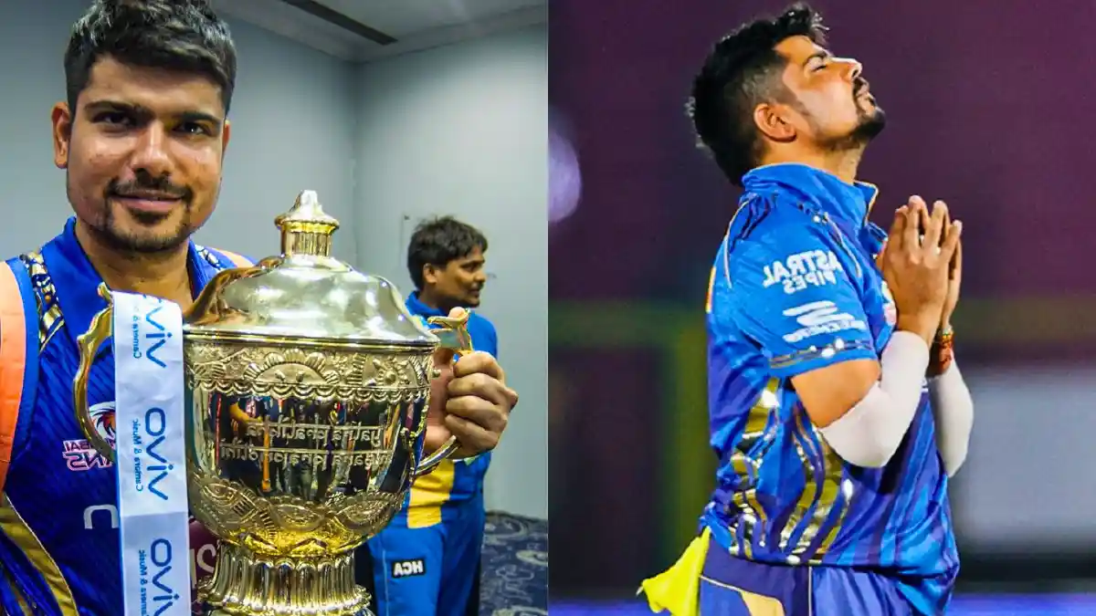 Karn Sharma Retirement: 4 बार के IPL चैंपियन ने लिया संन्यास Karn Sharma emotional retirement photo with IPL trophies graphics
