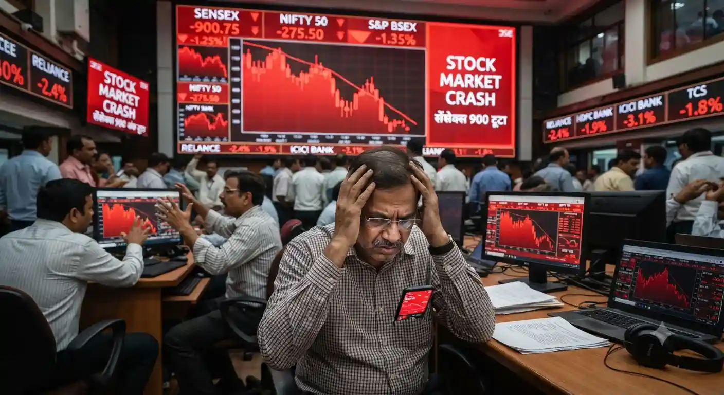 Stock Market Crash: शेयर बाजार में भारी गिरावट, सेंसेक्स 900 अंक टूटा; निवेशकों के डूबे अरबों रुपये Stock market crash Sensex fall reasons